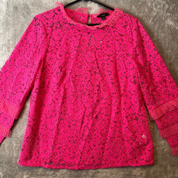 J. Crew Lace Top Tulle Ruffle Sz Medium Soft Fuchsia Pink Lace Romantic New - Picture 8 of 9